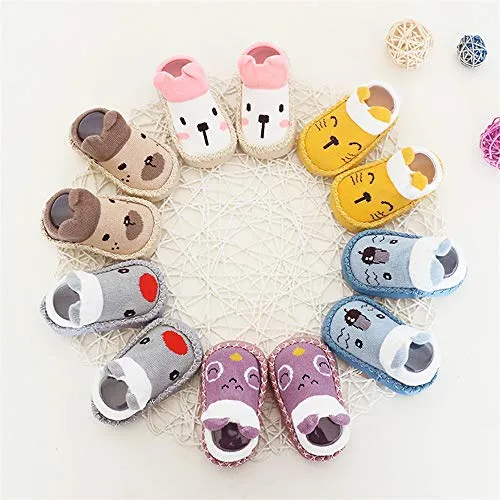 1Pair Children's Kids Baby Boys Girls Cartoon Cat Floor Socks Thicken Anti-Slip Baby Step Shoes Sock (Khaki, S)