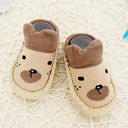 1Pair Children's Kids Baby Boys Girls Cartoon Cat Floor Socks Thicken Anti-Slip Baby Step Shoes Sock (Khaki, S)