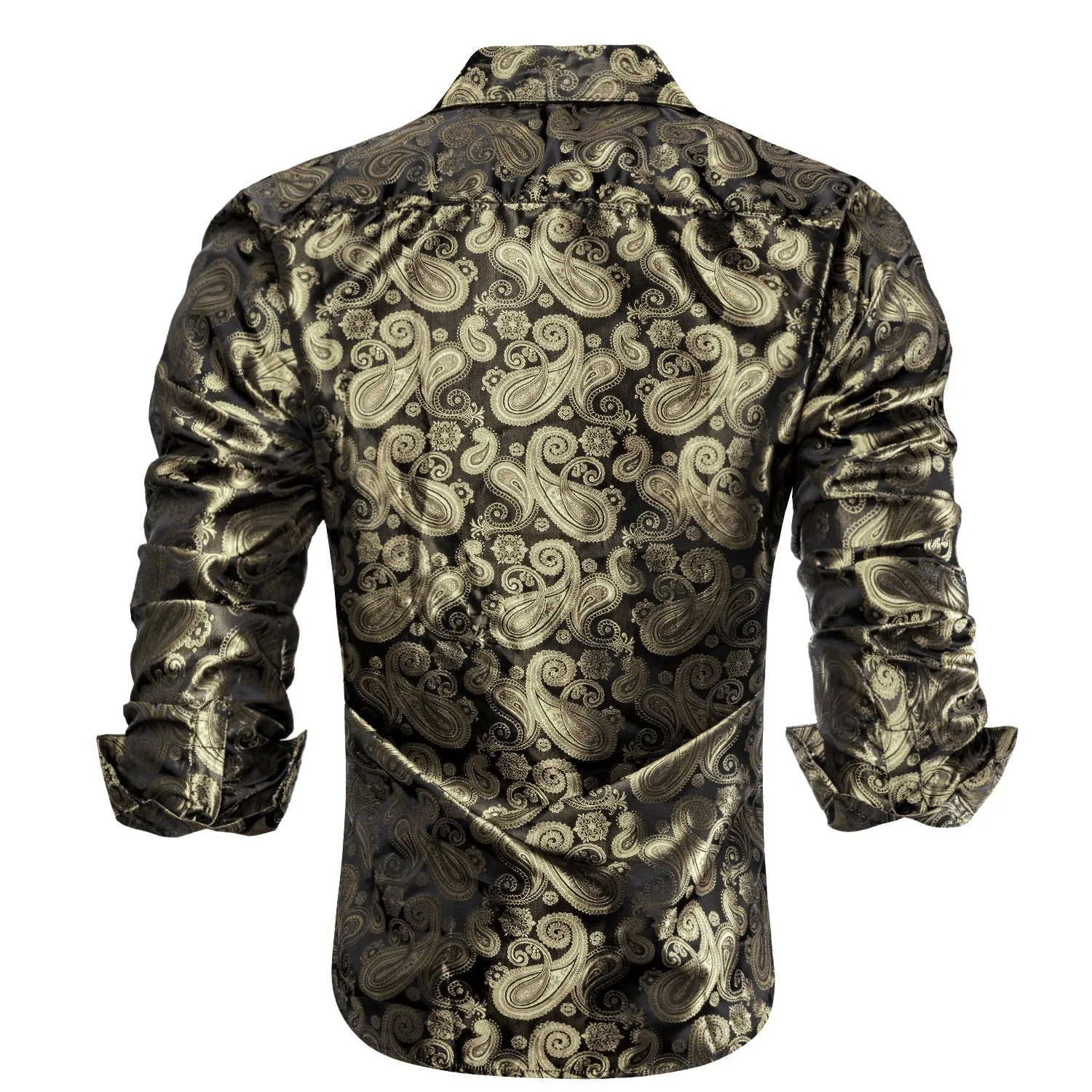 Champagne Black Paisley Silk Men's Long Sleeve Shirt Casual