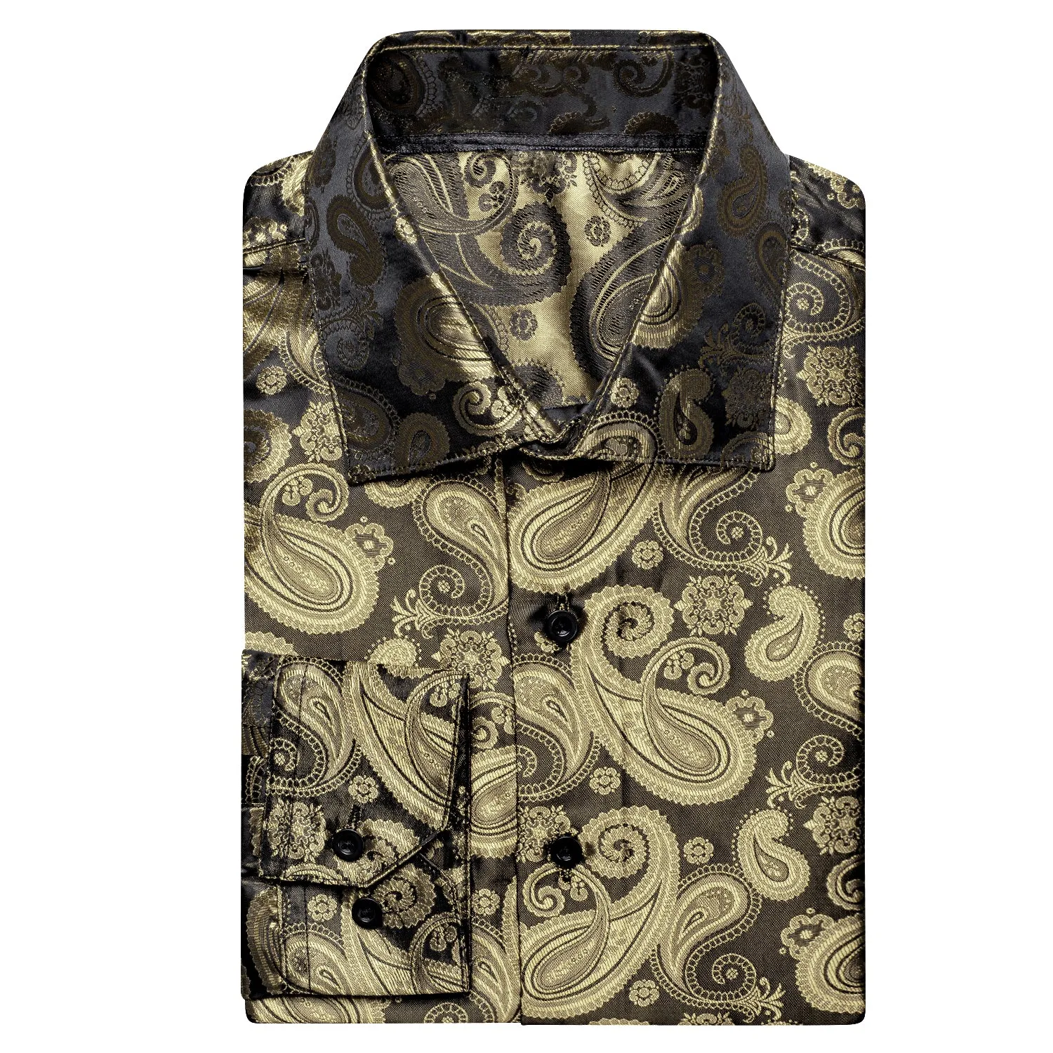 Champagne Black Paisley Silk Men's Long Sleeve Shirt Casual