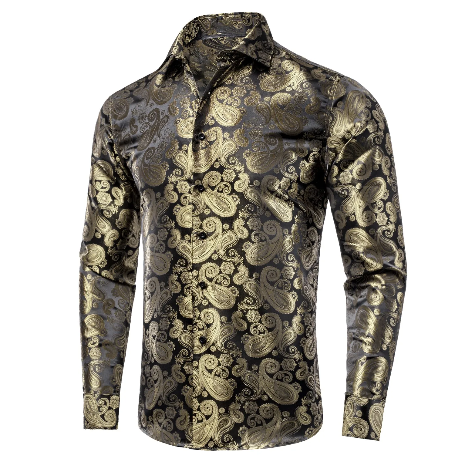 Champagne Black Paisley Silk Men's Long Sleeve Shirt Casual