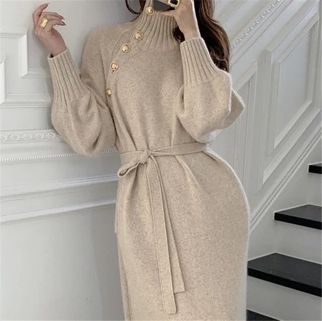 deanwangkt Winter Turtleneck Buttons Women Knitted Dress Elegant Full Sleeve Lace-up Female Thicken Long Sweater Dress For New Year