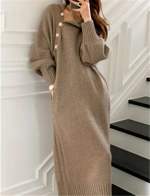 deanwangkt Winter Turtleneck Buttons Women Knitted Dress Elegant Full Sleeve Lace-up Female Thicken Long Sweater Dress For New Year