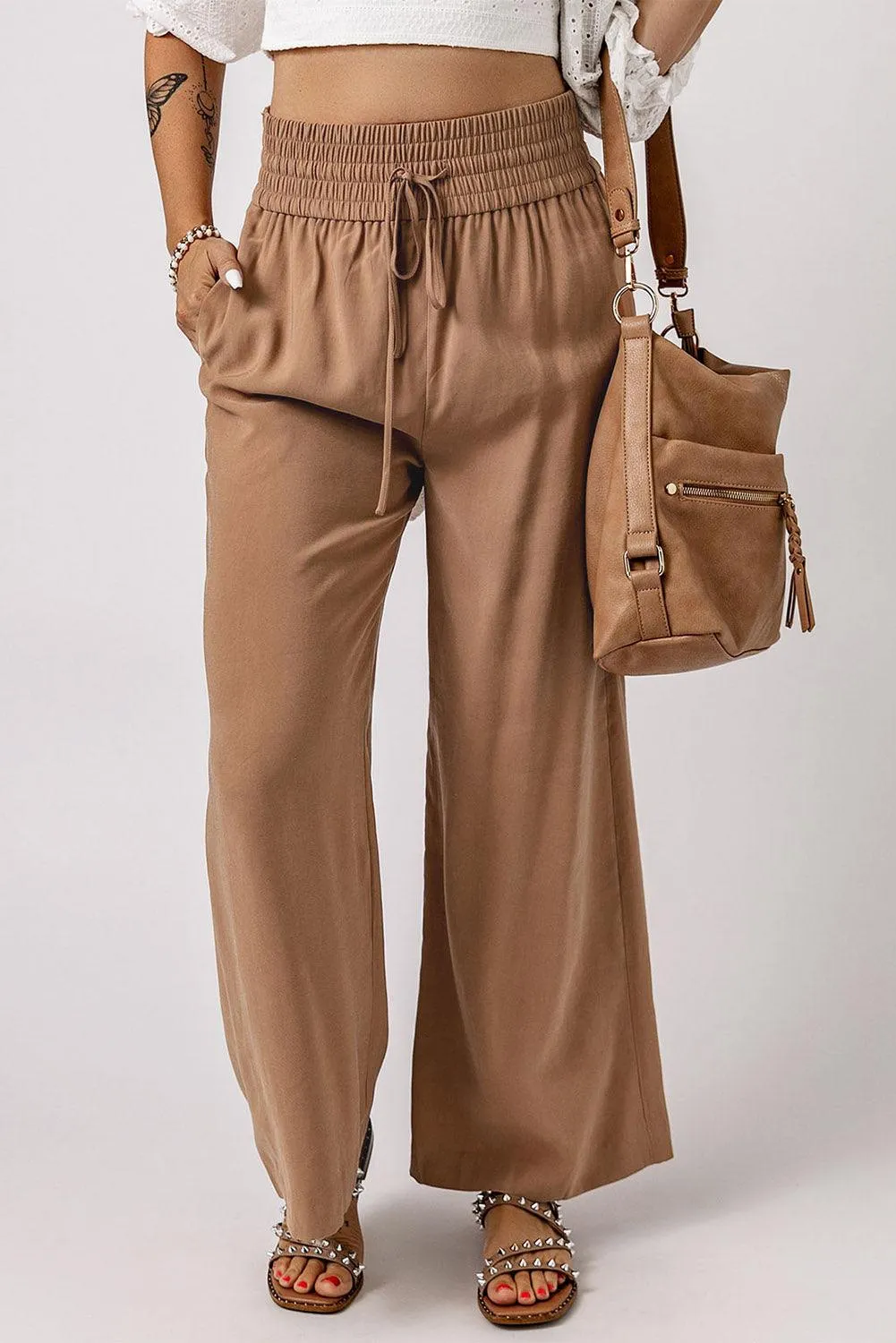 Drawstring Wide Leg  Pants with Elastic Waist for Work Casual for Women