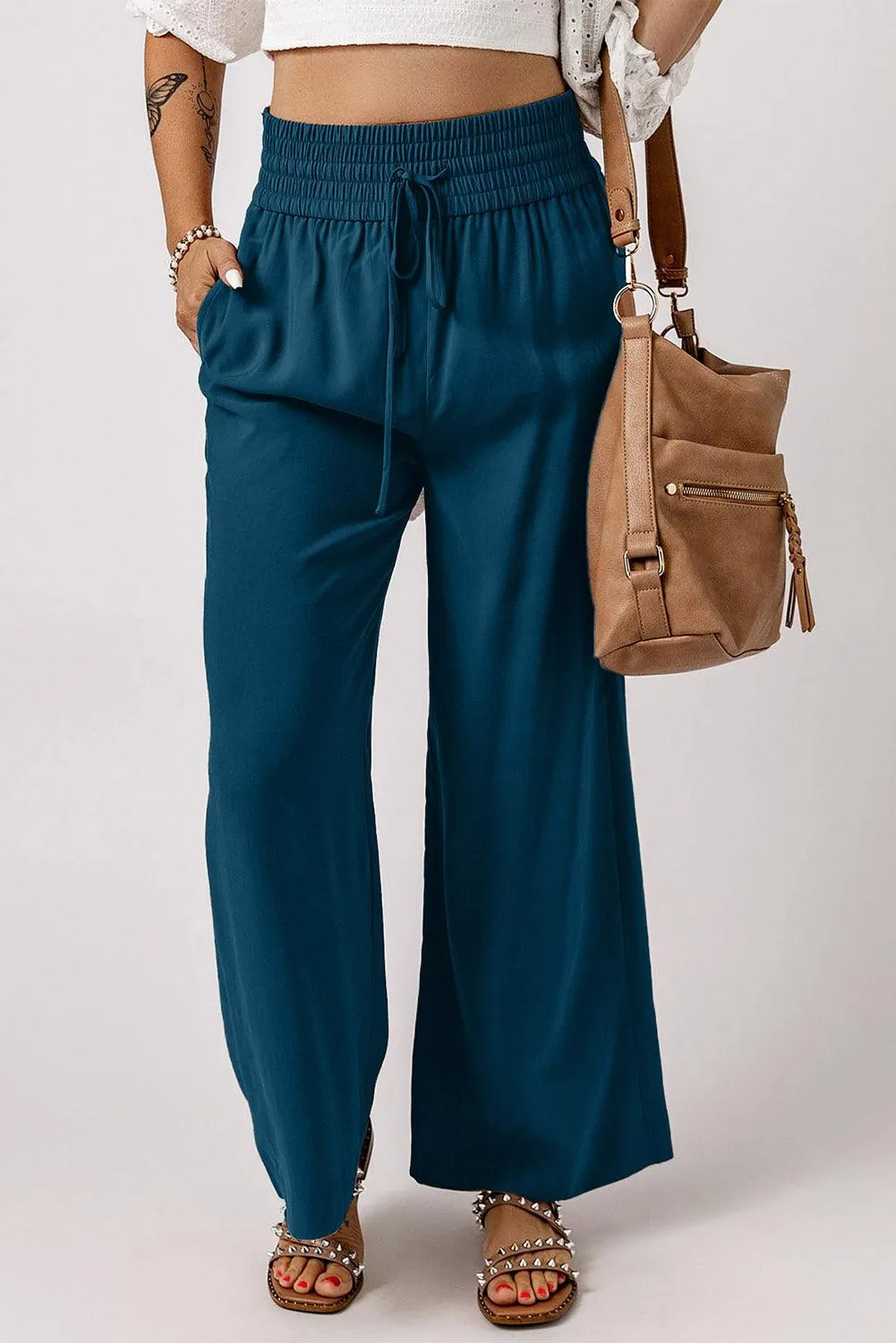 Drawstring Wide Leg  Pants with Elastic Waist for Work Casual for Women