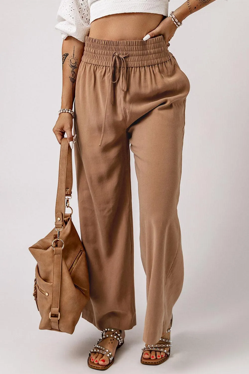 Drawstring Wide Leg  Pants with Elastic Waist for Work Casual for Women