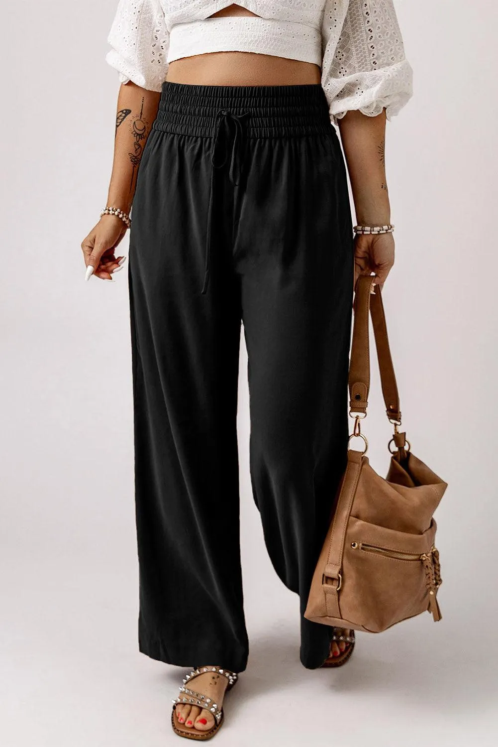 Drawstring Wide Leg  Pants with Elastic Waist for Work Casual for Women