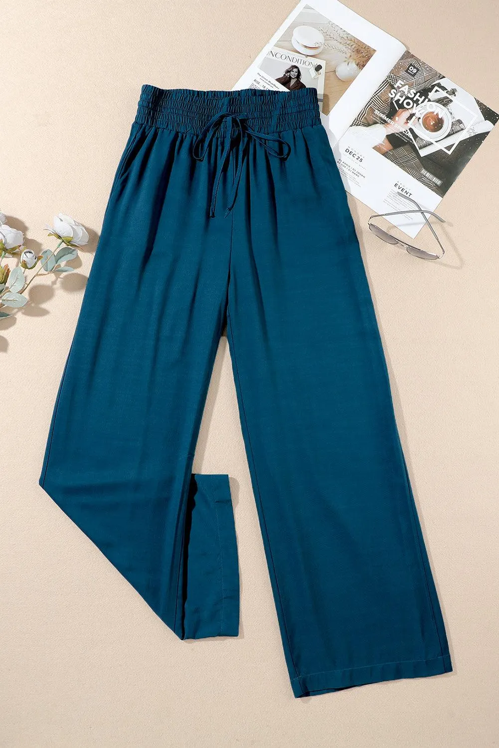 Drawstring Wide Leg  Pants with Elastic Waist for Work Casual for Women