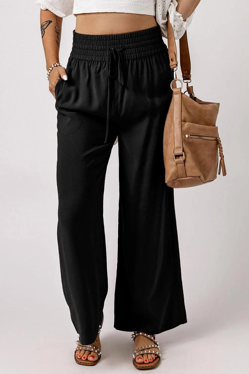 Drawstring Wide Leg  Pants with Elastic Waist for Work Casual for Women