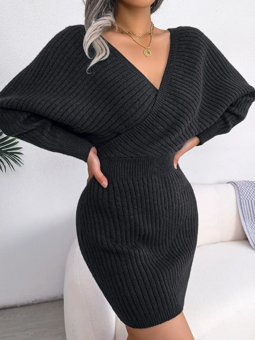 DressBetty - Sweater Dresses Formal Deep V Neck Mini Sexy Dress Batwing Long Sleeve Knitted Winter Dresses