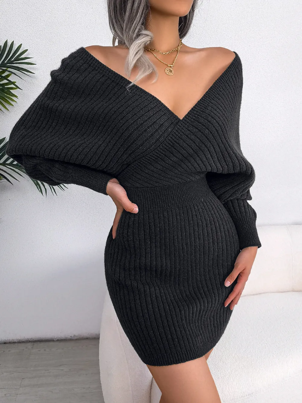 DressBetty - Sweater Dresses Formal Deep V Neck Mini Sexy Dress Batwing Long Sleeve Knitted Winter Dresses