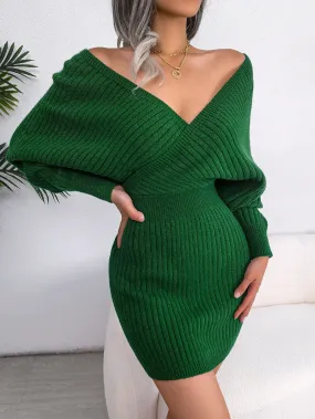 DressBetty - Sweater Dresses Formal Deep V Neck Mini Sexy Dress Batwing Long Sleeve Knitted Winter Dresses