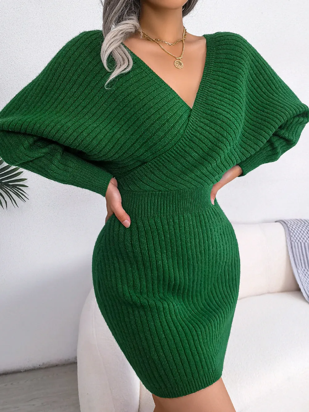 DressBetty - Sweater Dresses Formal Deep V Neck Mini Sexy Dress Batwing Long Sleeve Knitted Winter Dresses