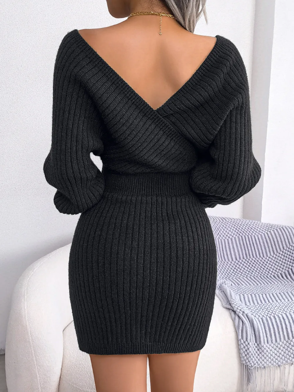 DressBetty - Sweater Dresses Formal Deep V Neck Mini Sexy Dress Batwing Long Sleeve Knitted Winter Dresses