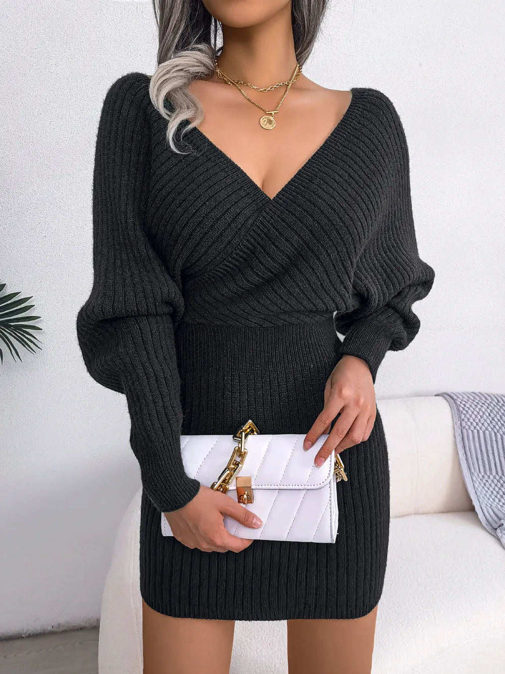 DressBetty - Sweater Dresses Formal Deep V Neck Mini Sexy Dress Batwing Long Sleeve Knitted Winter Dresses