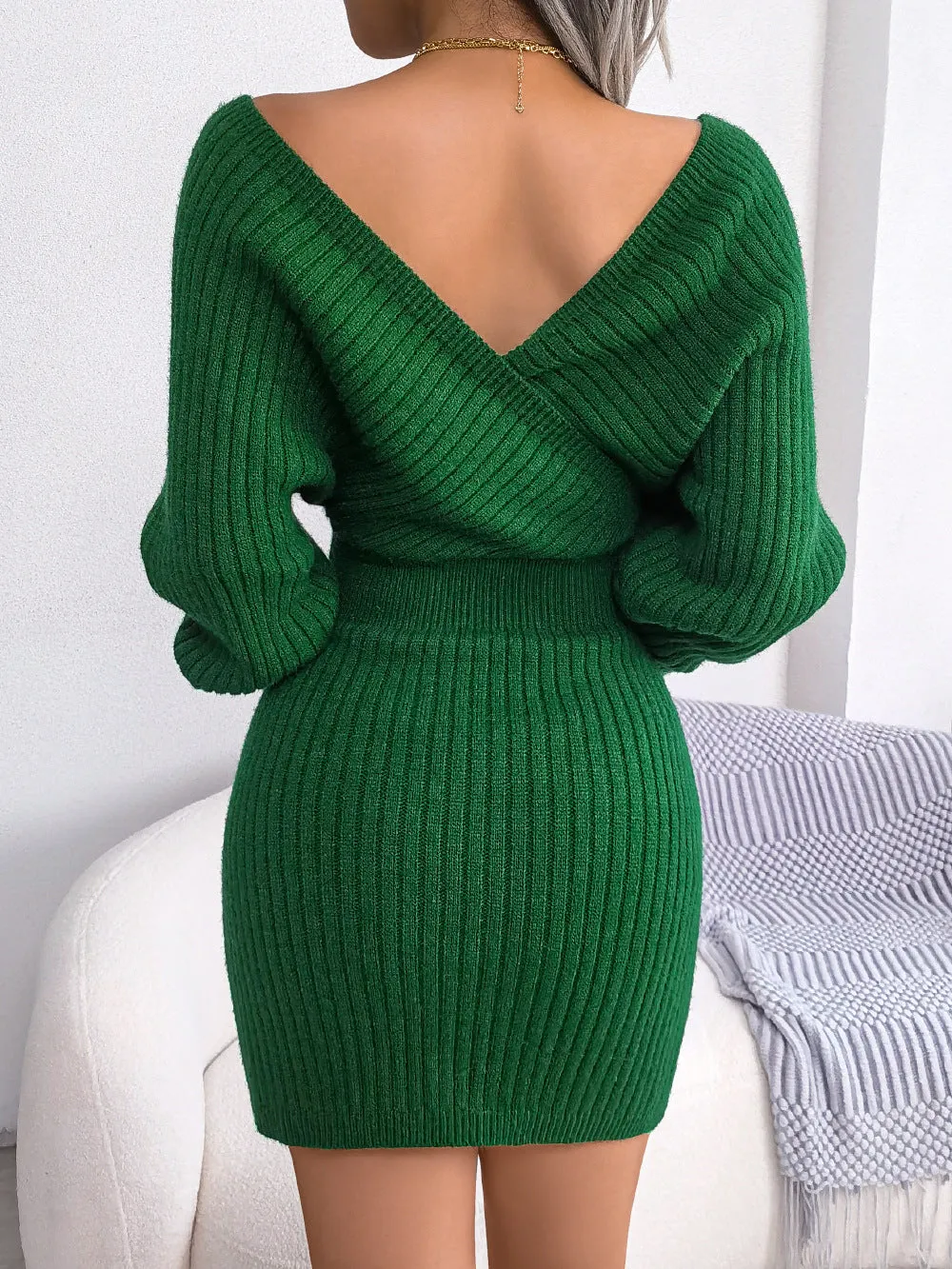 DressBetty - Sweater Dresses Formal Deep V Neck Mini Sexy Dress Batwing Long Sleeve Knitted Winter Dresses