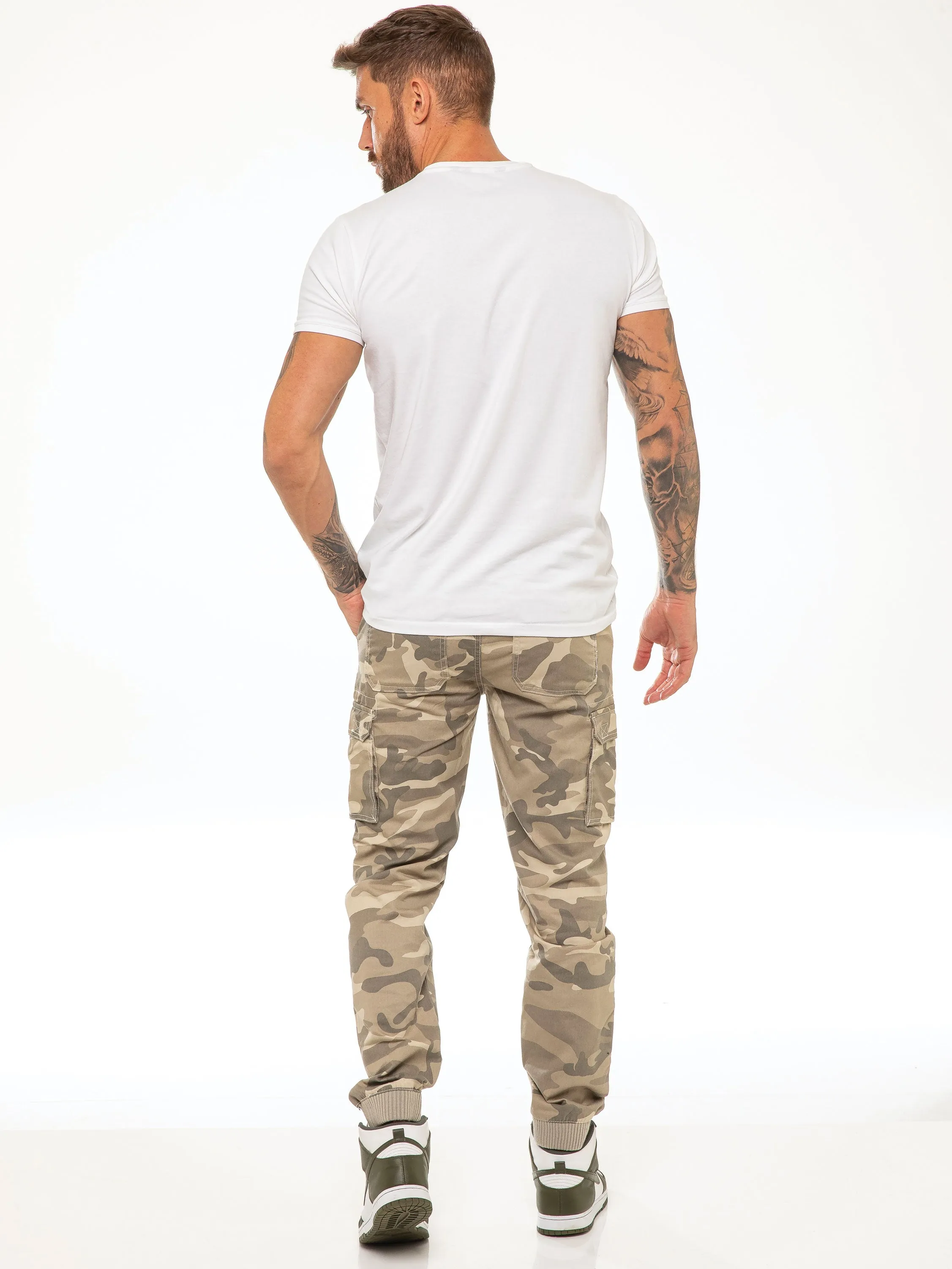 ENZO Mens Military Combat Cuffed Camouflage Jeans