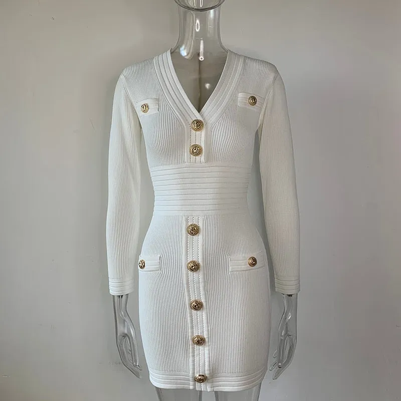 Gold Decorative Buttons Long Sleeve Mini Sweater Dress