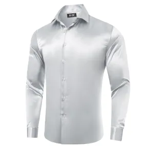 Grey Silver Solid Satin Silk Men Long Sleeve Dress Shirt