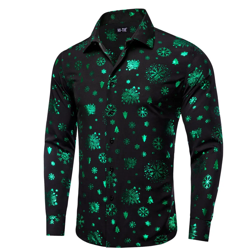 Hi-Tie Black Green Snow Christmas Silk Button-Down Long Sleeve Shirt