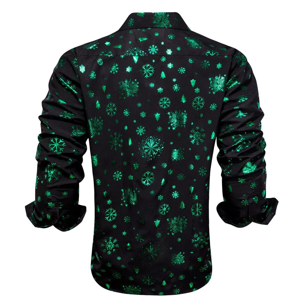 Hi-Tie Black Green Snow Christmas Silk Button-Down Long Sleeve Shirt