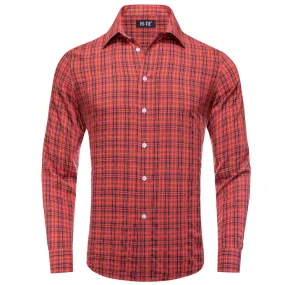 Hi-Tie Button Down Shirt Red Blue Plaid Silk Men's Shirt Classic