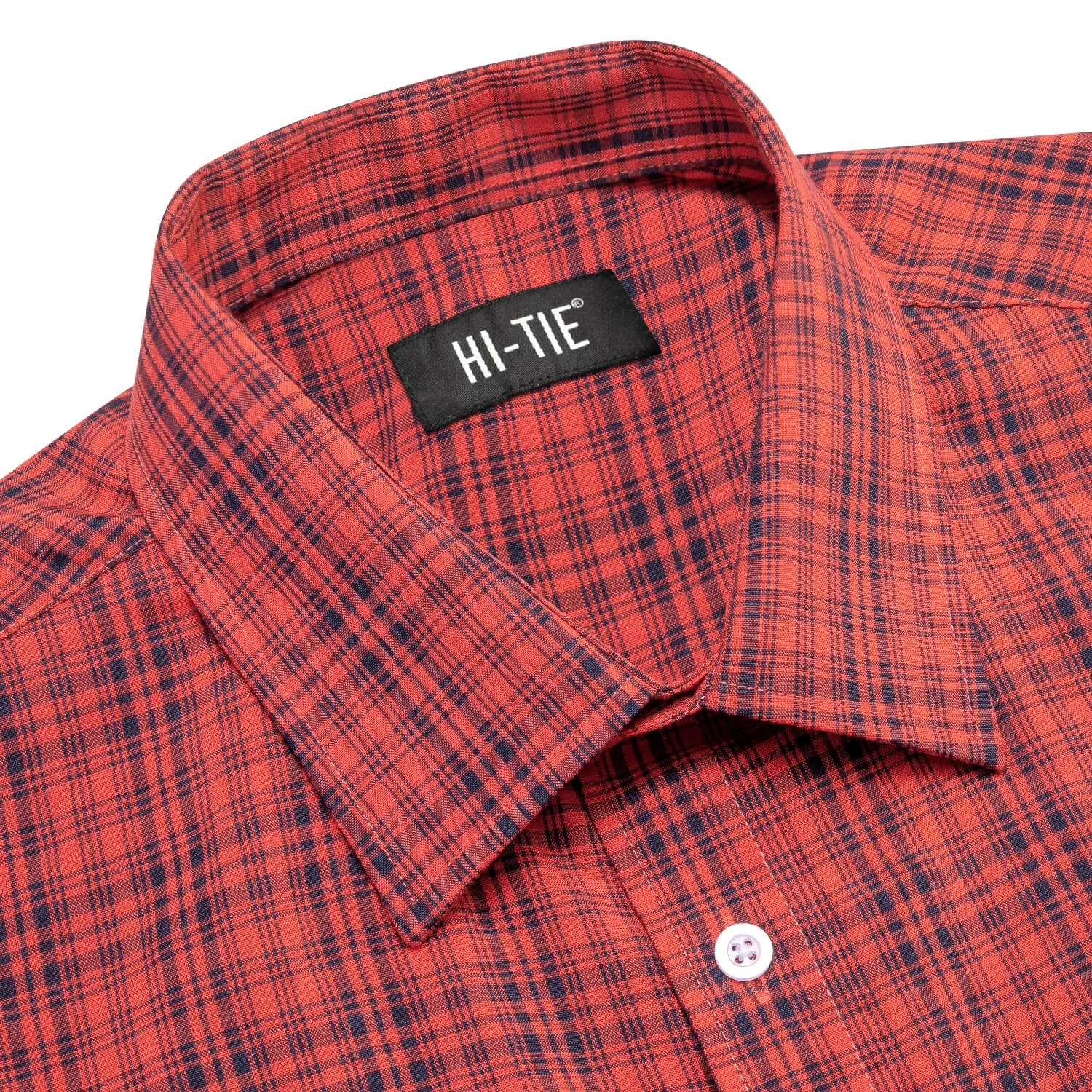 Hi-Tie Button Down Shirt Red Blue Plaid Silk Men's Shirt Classic