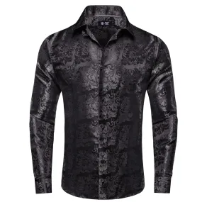 Hi-Tie Classic Black Floral Silk Button Up Long Sleeve Shirt for Men