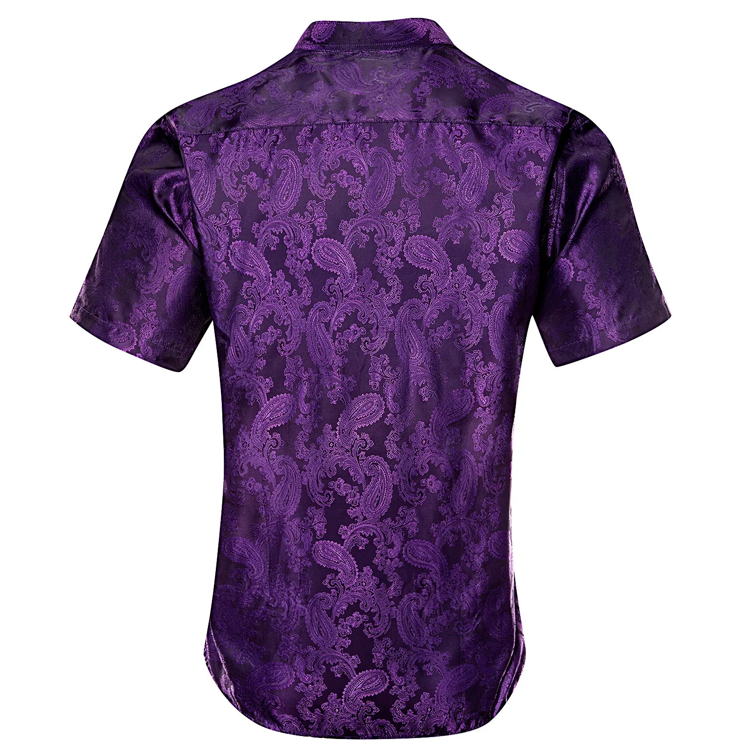 Hi-Tie Deep Purple Paisley Silk Men's Button Down Short Sleeve Shirt