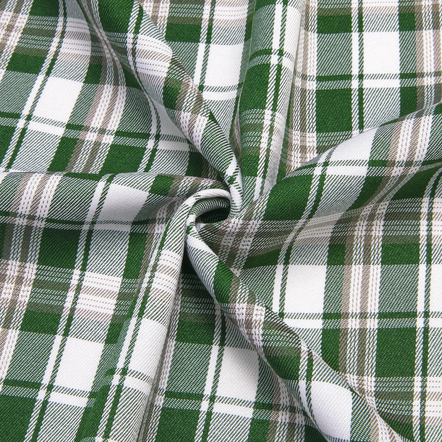 Hi-Tie Men's Shirt Green White Brown Plaid Silk Long Sleeve Shirt