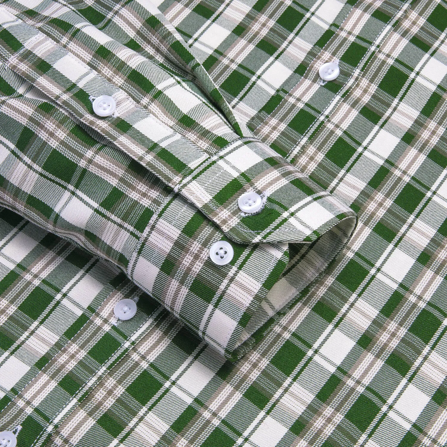 Hi-Tie Men's Shirt Green White Brown Plaid Silk Long Sleeve Shirt