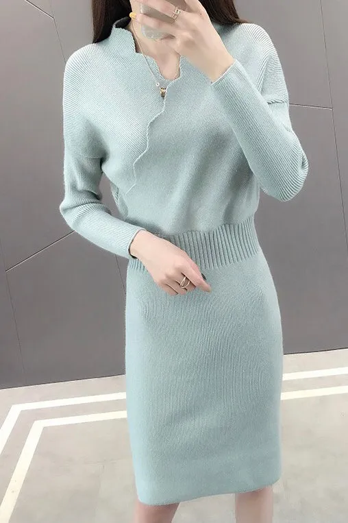 Scallop V Neck Sweater Dress