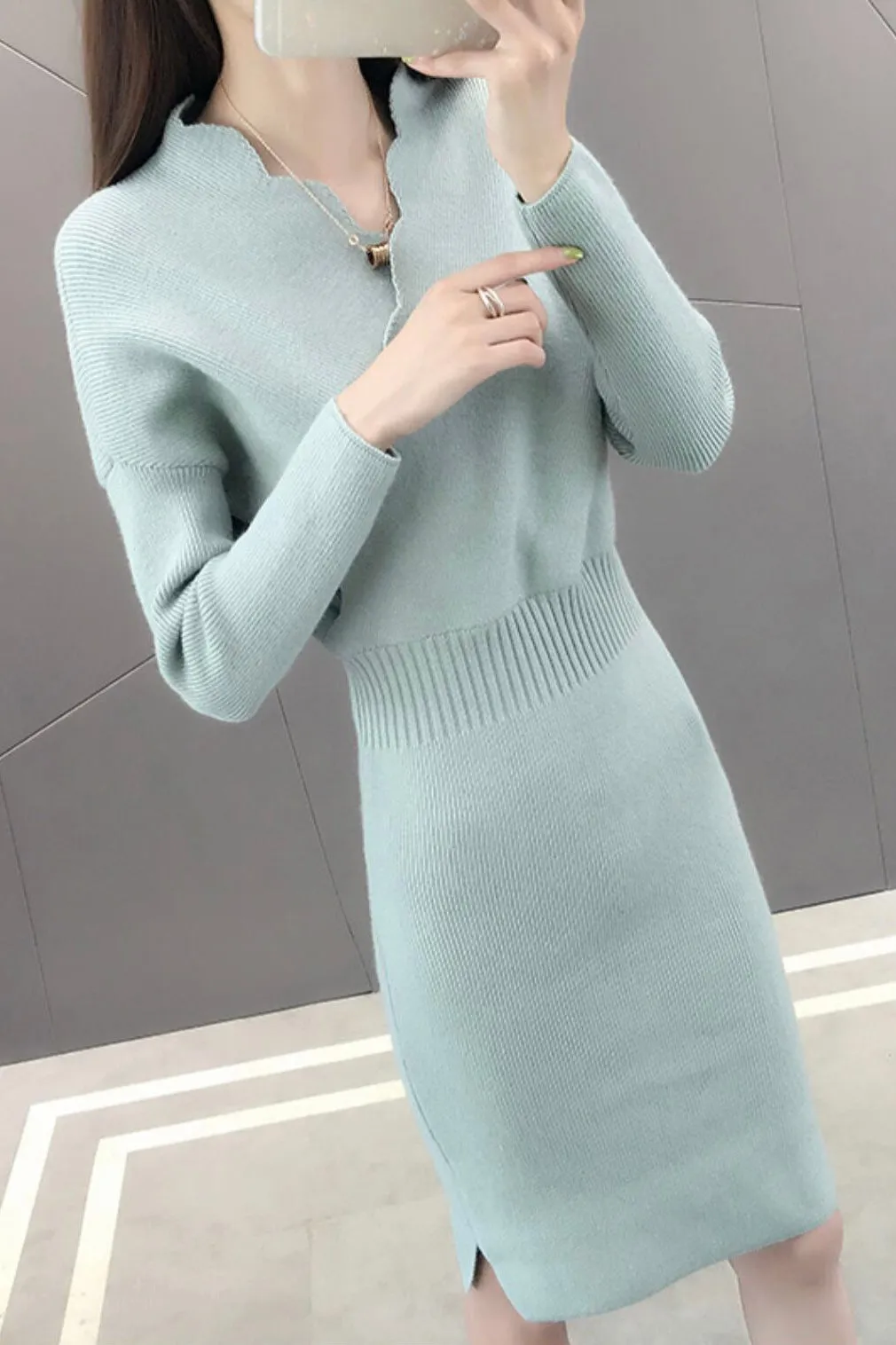 Scallop V Neck Sweater Dress