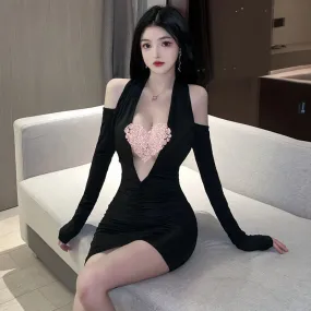 Sexy Nightclub Deep V-neck Long Sleeve Black Tight Hip Wrap Dress