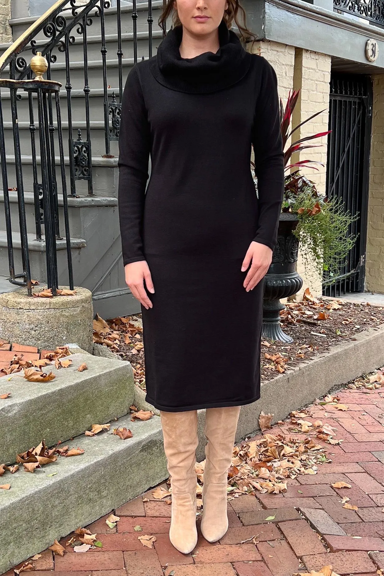 THE EMERY COWL NECK SWEATER DRESS IN EBONY