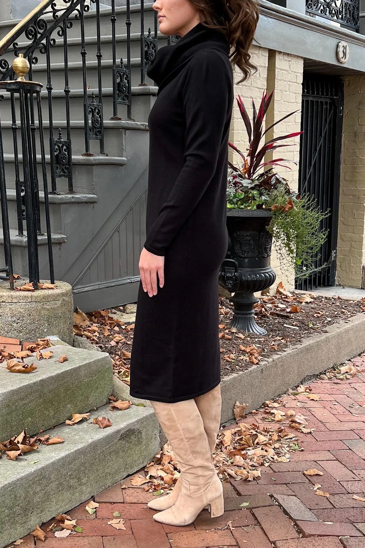 THE EMERY COWL NECK SWEATER DRESS IN EBONY