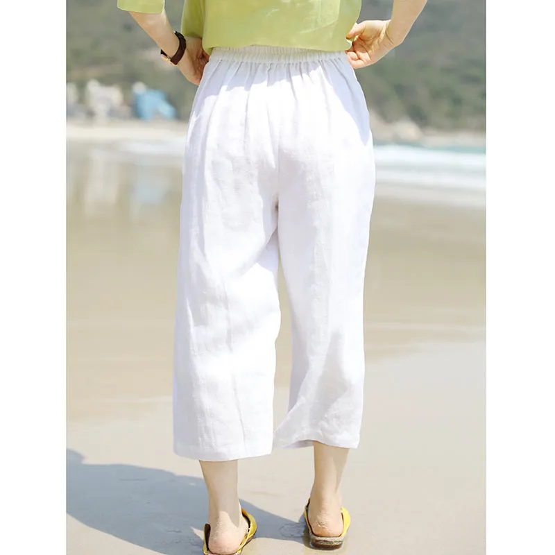 White Linen Summer Autumn Women Casual Pants with Pockets SMM97232