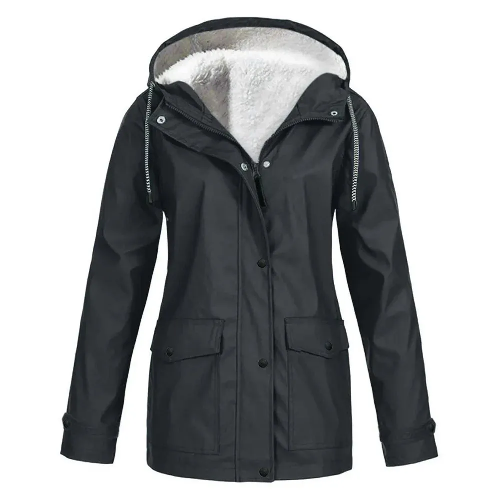 Women's Autumn Winter Plus Velvet Outdoor Jacket Windproof Waterproof Mountaineering Hooded Coat